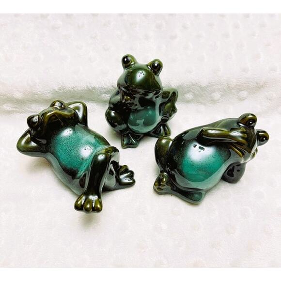 Vintage Green & Turquiose Glazed Ceramic Frog Garden Decor, 3 Relaxing Positions - Picture 4 of 4